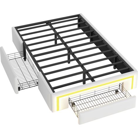 Cama con cajones 90 x 200 cm en PU blanco con banda LED, armazón metálico sin cabecero (1/5)
