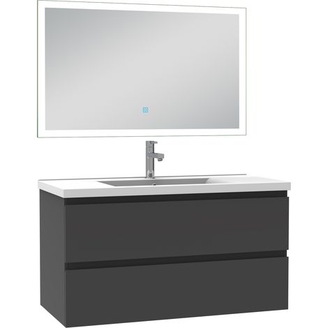 Ensemble meuble de salle de bain 100cm, vasque céramique et LED miroir rectangulaire, anthracite (1/5)