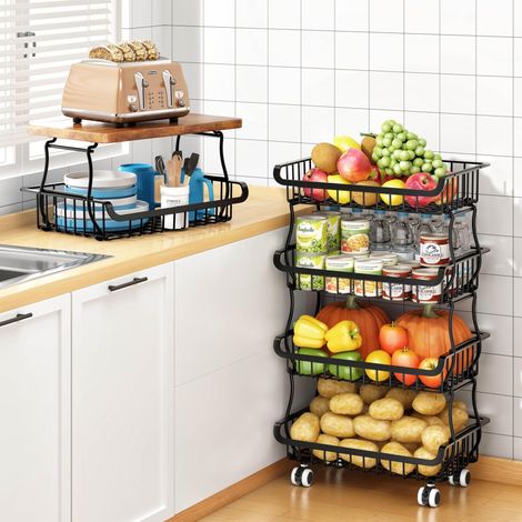 Organisateur de Cellier 6 Niveaux - Panier à Légumes et Fruits Empilable (3+3, 4+2, 5+1, 6+0) pour Cuisine, Salle de Bain et Séjour Desserte à Roulettes Chariot de Rangement à Roulettes Panier a Fruit (1/5)