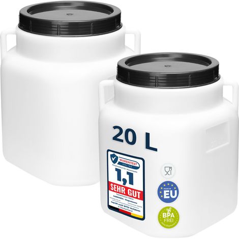 Garronda Lot de 2 fûts alimentaires carrés 20 L en HDPE sans BPA, à large ouverture avec couvercle, pour eau, aliments, choucroute et fermentation, blanc GD-0134
