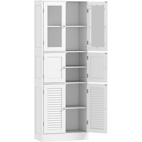 Mobile Bagno 60x30x170 cm con 3 Armadietti a 2 Ante in Vetro e Legno Bianco