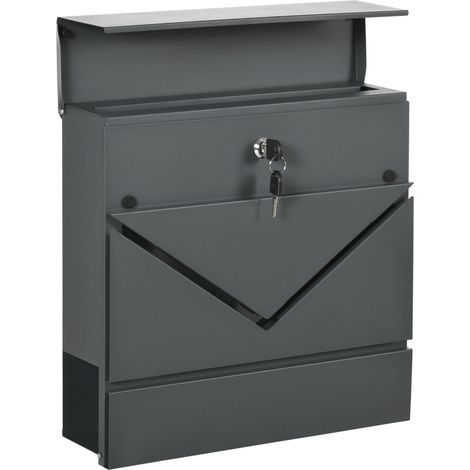 Boîte aux lettres avec couvercle, 2 trous de drainage au fond, en acier, avec serrure, grise (1/4)