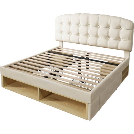 CAIziLit rembourré 140x190 beige velours avec tiroirs,rangement,tête réglable (1/5)