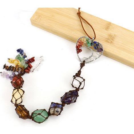 Adorno de árbol de la vida con piedras de chakras, sanación natural, adorno colgante de cristal de 7 chakras para ventana de coche, decoración de yoga para el hogar (sección curva en forma de corazón  (1/5)