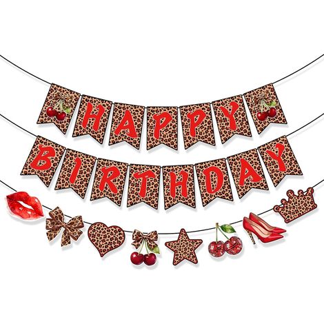 Lot de 3 banderoles « Joyeux anniversaire » à motif léopard rouge avec décorations cerises, accessoires de décoration pour fête à motifs animaliers, décor imprimé guépard pour fond photo (1/5)