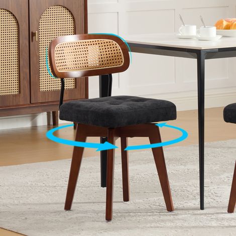 Set de 2 chaises pivotantes 360°, chaises cuisine style mid-century moderne, dossier tressé et assise rembourrée, pour coin repas, salle à manger, chambre et petit espace, noir chenille (1/5)