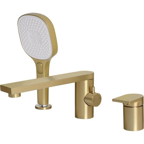 Robinet de Baignoire À Trois Trous Mitigeur Baignoire 3 Trous avec douche Robinet de Baignoire avec Inverseur Or Brossé PTBG24E (1/5)
