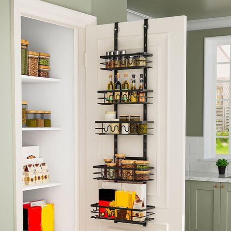 Support à épices mural avec 5 paniers ajustables - Organiseur en métal sans perforation pour porte de réfrigérateur/armoire (1-5cm) (1/5)