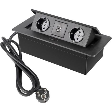 Prise Encastrable Plan de Travail Noir, Multiprise Plan de Travail Cuisine avec 2 Prises + 2USB,Connecteur,1,5M Câble (1/5)