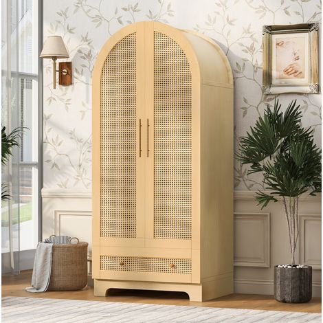 Schrank 70 x 55 x 170 cm mit 2 Türen, 2 Schubladen, Rattanoptik, Holzfarbe OKMYHOME (1/5)