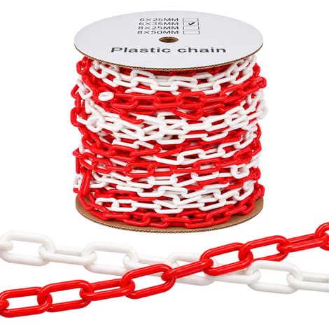 Chaîne de signalisation en plastique rouge et blanc 50m x Ø 6mm – Crochet à une extrémité – Anneau ouvert à l’autre – Pour barrière de sécurité temporaire