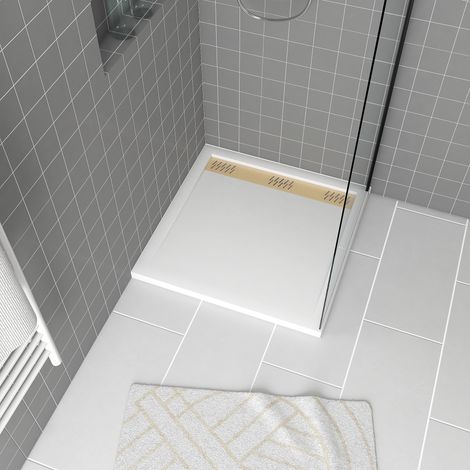 Plato de ducha Acrílico blanco 80x80x4 cm + Rejillas Lineales Cromada y Oro Cepillado - WHITENESS II