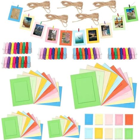Lot de 105 cadres photo en papier coloré suspendus : 10 pièces de 7,6/12,7/15,2/15,2/17,8 cm, 50 clips colorés, 5 cordes de 198,1 cm (1/5)