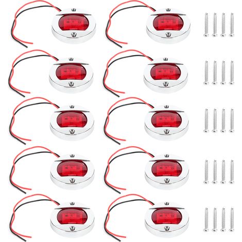 Paquete de 10 luces de posición de 12 V con 6 LED rojos, redondas, con embellecedor cromado, impermeables, para camiones, todoterrenos y barcos. (1/3)