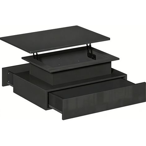Couchtisch Lift-Top rechteckig modern mit LED-Beleuchtung (16 Farben) – Wohnzimmertisch mit 2 Schubladen und erhöhter Tischplatte