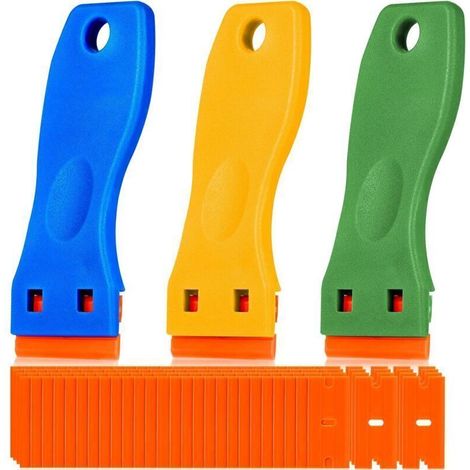 3 Pièces Grattoir Plastique avec 50 Pièce Lames Plastique Grattoirs Plaque Vitrocéramique Verre Plaque Grattoir pour Enlever Étiquettes a Colle Peinture Autocollants et Décalcomanies