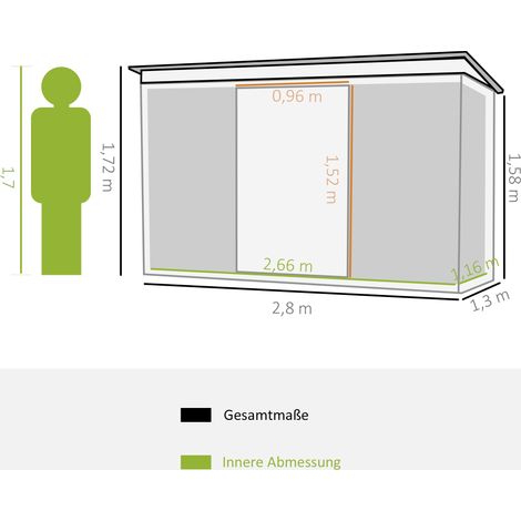Abri de jardin métallique à toit monopente, porte coulissante et fenêtres d’aération, remise extérieure étanche dimensions 280 x 130 x 172 cm, couleur vert clair (1/4)