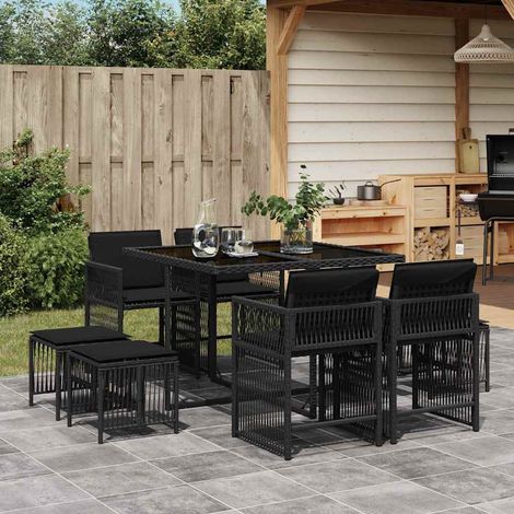 Set de comedor de jardín 9 pzas y cojines ratán sintético negro