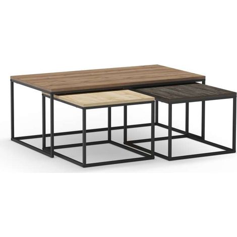 Set de 3 mesas de centro modelo Zoilo acabado nogal/roble/marrón oscuro,, 41.8/37.5cm(alto) 110/55.8cm(ancho) 60/48m(fondo). (1/5)