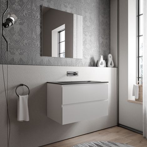 BERNSTEIN - Petit meuble vasque de salle de bain MDF Blanc mat avec lavabo fonte minérale Noir mat - 80x45,6x50cm - AVA CREAM Blanc mat, Noir mat sans trou pour robinetterie