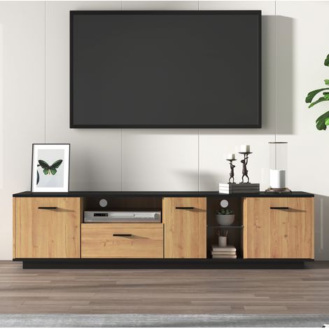 Mueble TV 180 x 37 x 45 cm con LED 16 colores, 3 puertas, 1 cajón, MDF negro y madera OKMYHOME (1/5)