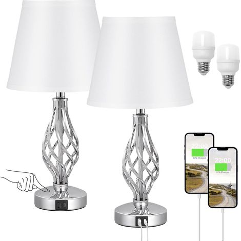Lampe de Chevet Tactile Lot de 2 avec Ports de Charge Type-C+USB-A, 2 Ampoules Incluse, Abat-jour en Lin Blanc, Lampe de Bureau Moderne pour Chambre Salon Hôtel [Classe énergétique F]