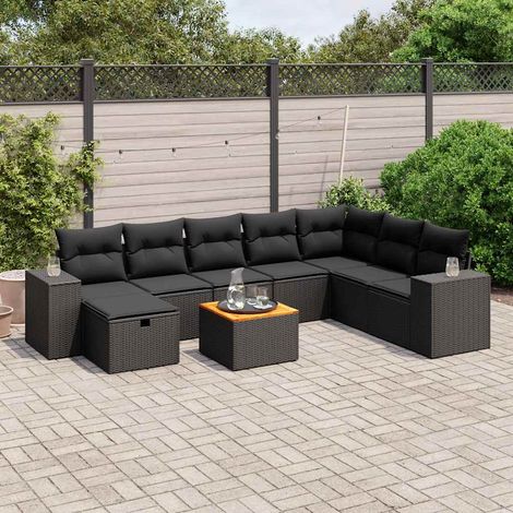 Salon de jardin 9 pièces noir en résine tressée avec coussins, table et repose-pied - PANGIVO (1/4)