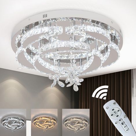 Lustre en cristal K9 luxe moderne – Suspension LED avec télécommande et éclairage 3 couleurs réglables, pour salon et salle à manger