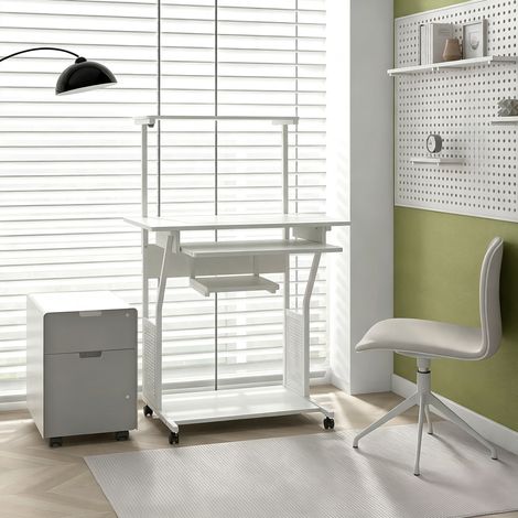 Bureau d'ordinateur roulant avec étagères de rangement, poste de travail et plateau pour clavier, 80x50x130cm, blanc (1/5)