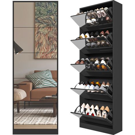 Schwarzer verspiegelter Schuhschrank aus MDF mit 5 Klappfächern (1/4)