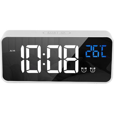 Réveil miroir LED avec deux alarmes, rechargeable, commande vocale, numérique, idéal pour la chambre et la table de chevet, argent (1/5)
