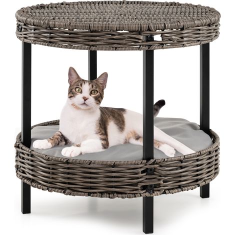 COSTWAY 2-tier Rattan Cat Nest Wicker Kitten House Raised Kitty Bed-Grey (1/5)