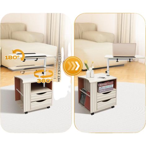 Table de chevet roulante, Hauteur réglable 15,7-33 cm, Double tiroirs, Capacité de charge 20 kg, Design mobile, Style moderne (1/5)