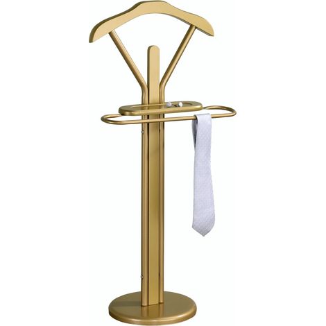 Idimex – Valet de chambre en métal laqué or – Cintre pour veste et chemise – Support pour pantalon et cravate – Tablette vide-poche pratique
