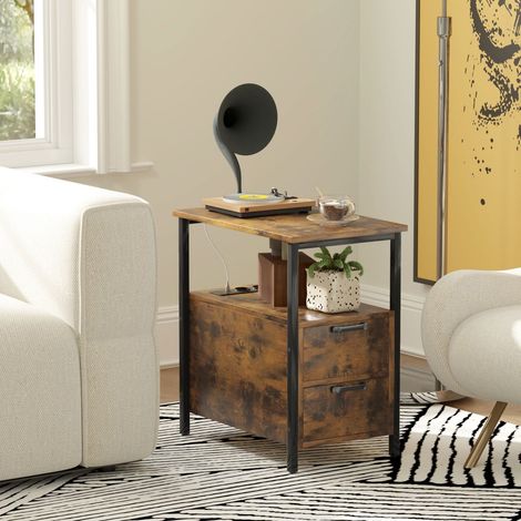 Table d'Appoint Connectée avec Prises et USB Bout de Canapé en Bois et Métal à 2 Tiroirs - 55x35x58.5cm - Brun Rustique (1/5)