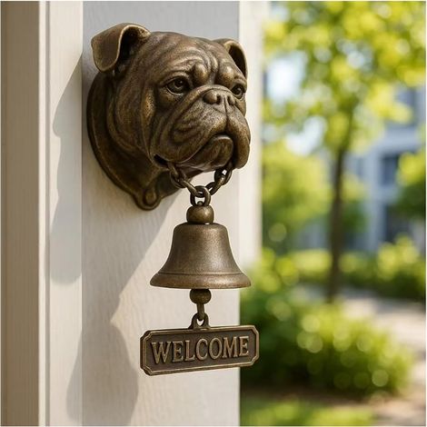 Cloche de Bienvenue pour Chien, Cloche de Porte Vintage en Laiton avec Sculpture de Chien réaliste, Cloche Murale Rustique pour entrée de Maison, Portail de Jardin, Magasin, terrasse, Bulldog (1/4)