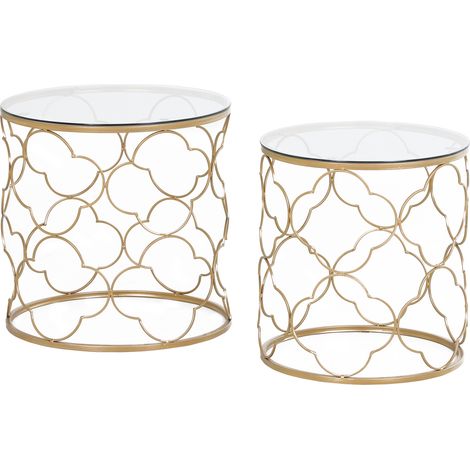 Set di 2 Tavolini da Salotto Impilabili Art Deco in Metallo con Piano in Vetro, Oro