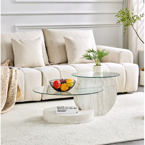 Table basse moderne 90x70x44 cm en MDF et verre gris clair, avec rangement pour salon FloraGrace (1/5)