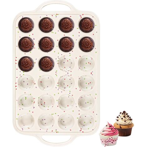 Moule à mini-muffins en silicone avec armature métallique – 24 cavités moule à cupcakes et muffins en silicone durable, sans BPA et compatible lave-vaisselle – 1 pièce, beige à pois arc-en-ciel (1/4)