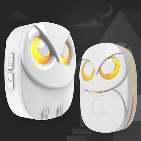 Sonnette sans fil, motif hibou mignon, résistante aux intempéries IP55, avec télécommande et bouton-poussoir pour l'extérieur - Portée sans fil de 300 m, blanche-AquaForge (1/5)