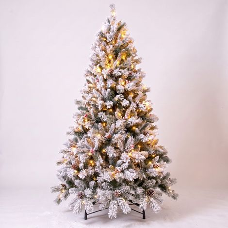 Árbol de Navidad LED Nevado 210cm con Piñas y Bolitas Rojas (1/2)