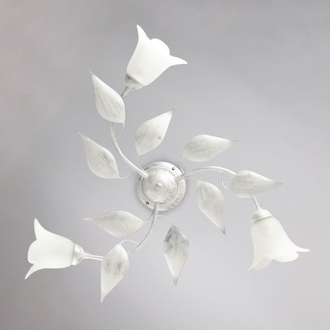 Plafonnier Olga Fer Blanc, Déco Argent Antique, Verre Albâtre D.14, 3 Lumières D.67 Cm Pour Pièces Raffinées