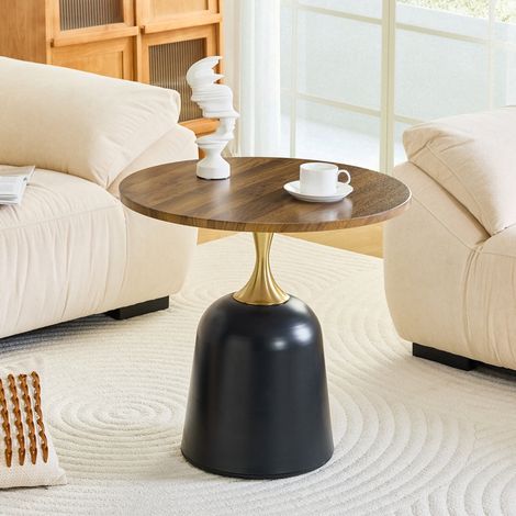 Table d’appoint ronde 60 cm, piètement métal, finition noyer, style moderne, REDOM (1/5)