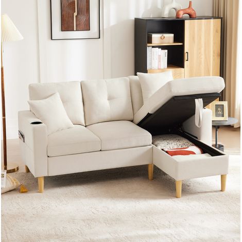 Ecksofa Baumwoll-Leinen Beige 175x129x90 cm, 3-Sitzer mit Chaiselongue, Stauraum, Getränkehaltern und 2 Kissen (1/5)