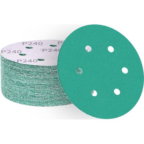 Disques abrasifs 150 mm grain 240, papier abrasif en alumine calcinée 6 trous, revêtement abrasif antiadhésif pour ponceuse orbitale (50 pièces) (1/5)