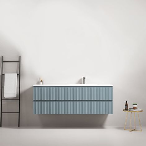 Mobile bagno sospeso cannettato 140 cm Blu Avio Lavabo a Destra in Resina Senza Specchio - Fiji Paint (1/4)