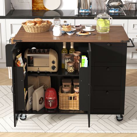 Îlot de cuisine avec plan de travail extensible, chariot effet bois avec deux portes et trois tiroirs, noir