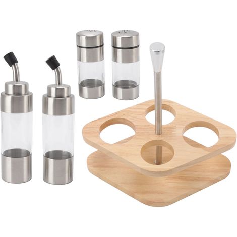 Ensemble de flacons à épices en acier inoxydable, poivrières translucides avec support en bois, cuisine (1/5)