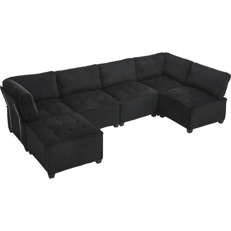 Divano modulare 6 posti 308 cm in velluto a coste nero con tasche laterali (1/5)