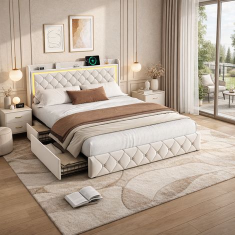 Lit 140x190 avec Sommier et 4 Tiroirs, Lit Double en Velours avec Éclairage LED, Prise USB/Type C, Tête de Lit avec Étagère de Rangement, Cadre de Lit Moderne, Beige (1/5)